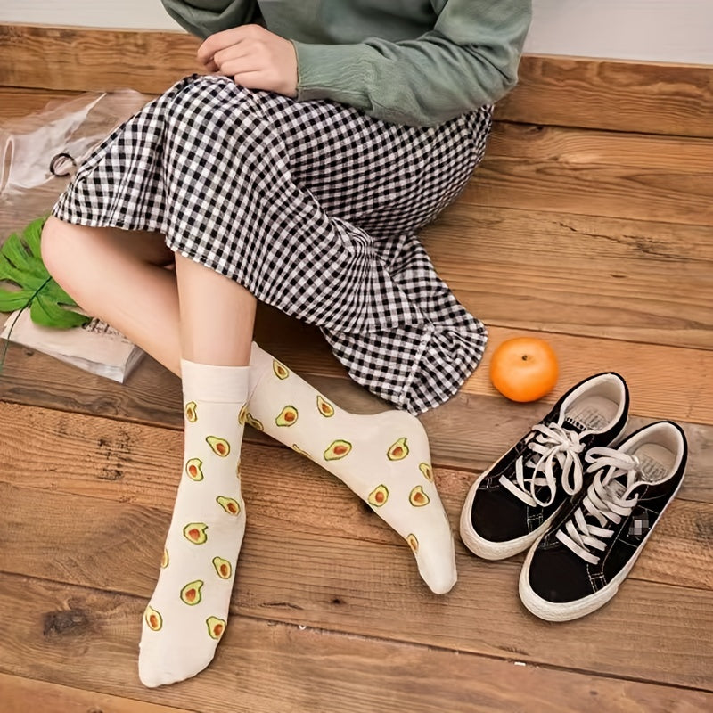 3 Pairs Cartoon Food Print Socks & Funny Mid Tube Socks Women's Stockings