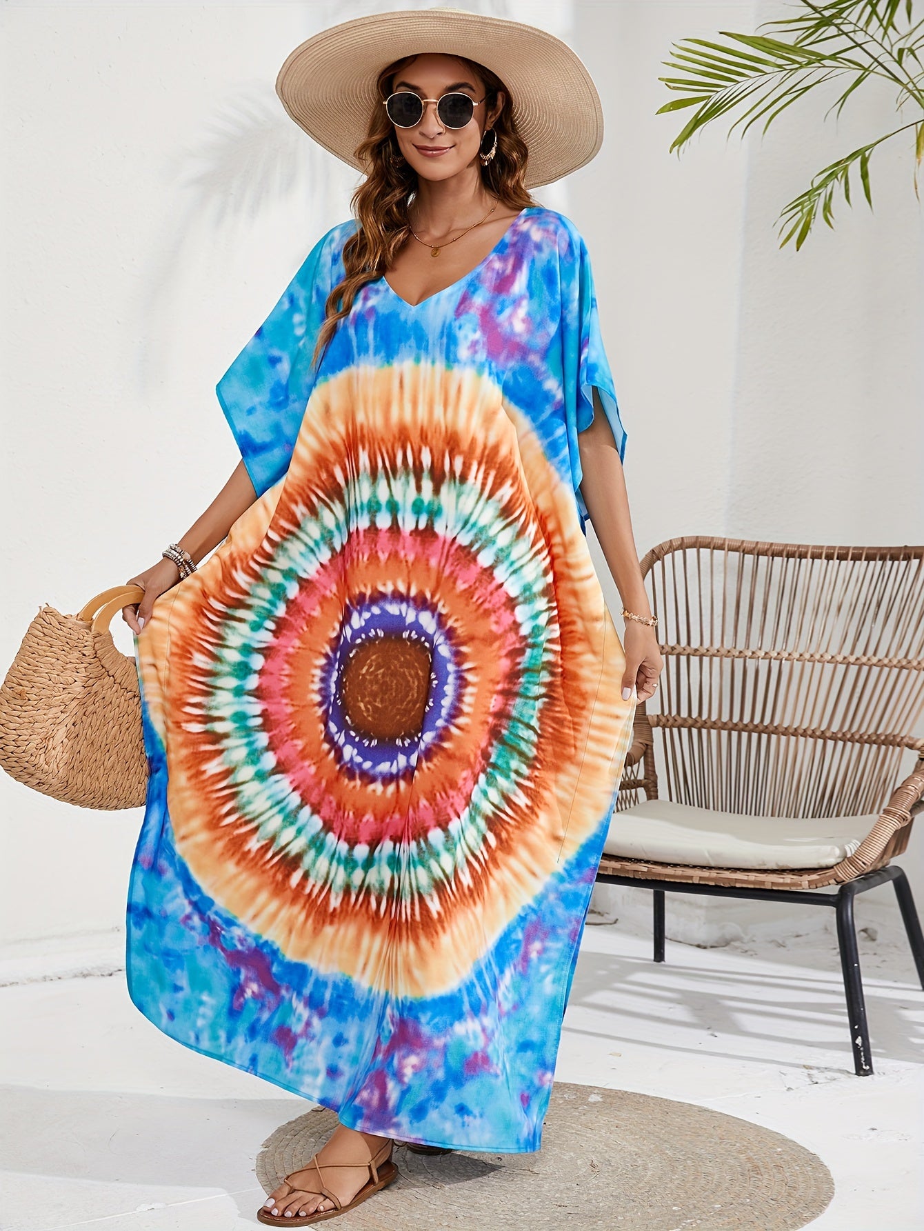  Boho Tie Dye Batwing Sleeve V Neck Maxi Cover Up