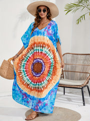  Boho Tie Dye Batwing Sleeve V Neck Maxi Cover Up