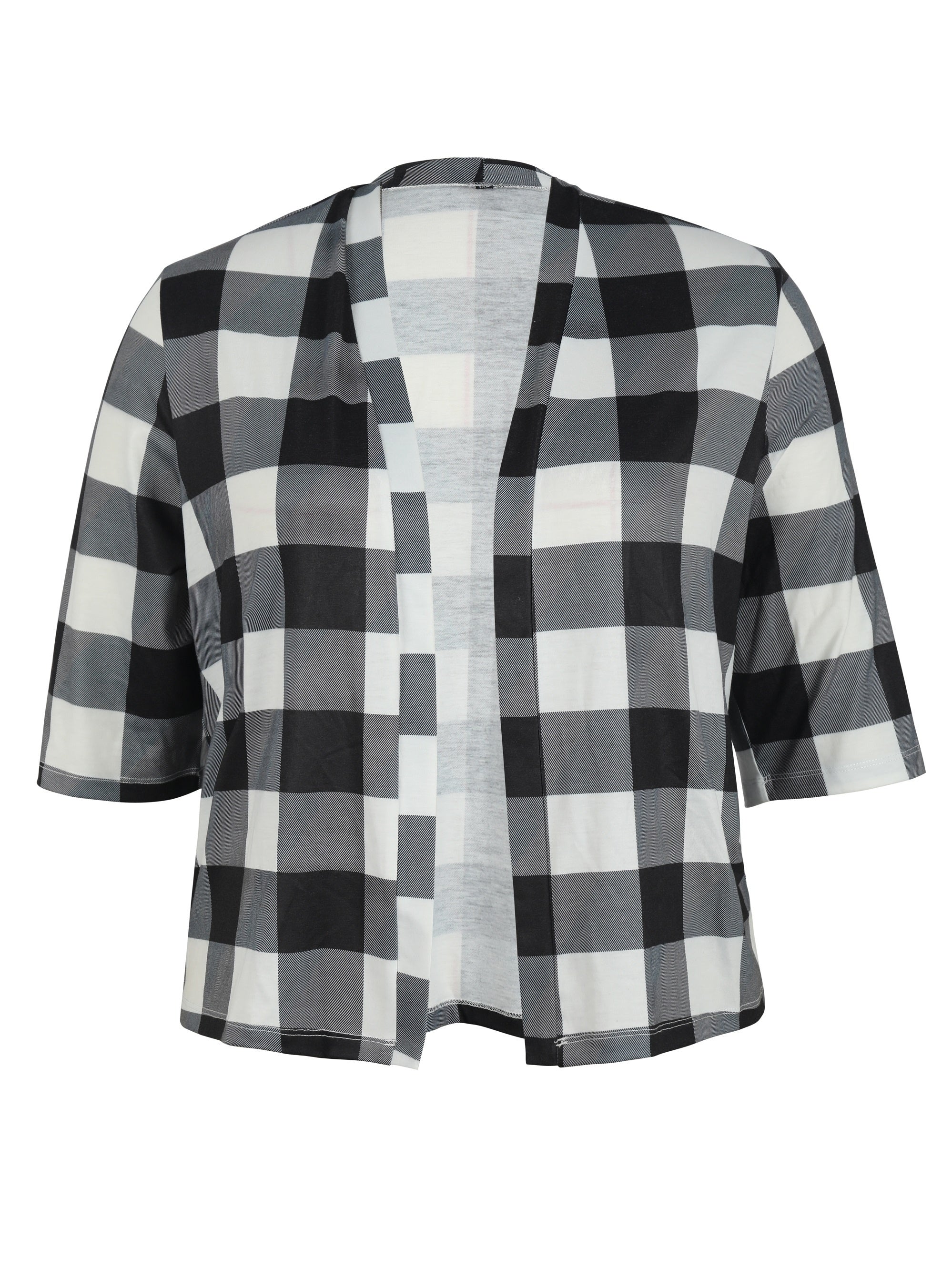  Plaid Print Half Sleeve Open Front Cardigan