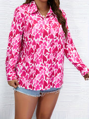  Heart Print Button Up Long Sleeve Blouse
