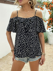 Ditsy Hearts Print Spaghetti Strap Blouse Off Shoulder Casual Top