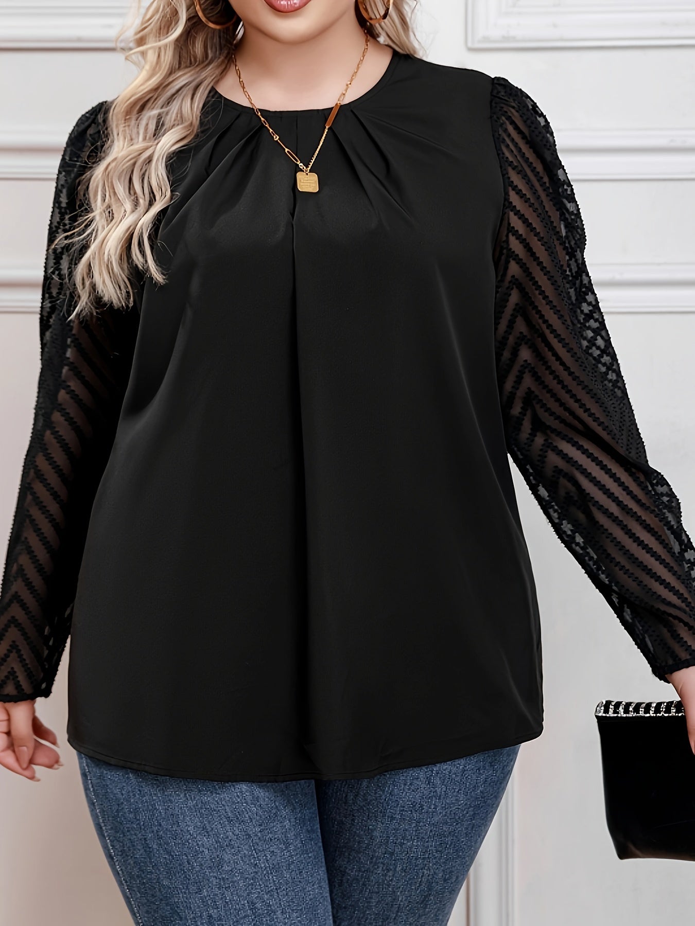  Chevron Print Mesh Sleeve Ruched Blouse