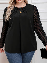  Chevron Print Mesh Sleeve Ruched Blouse