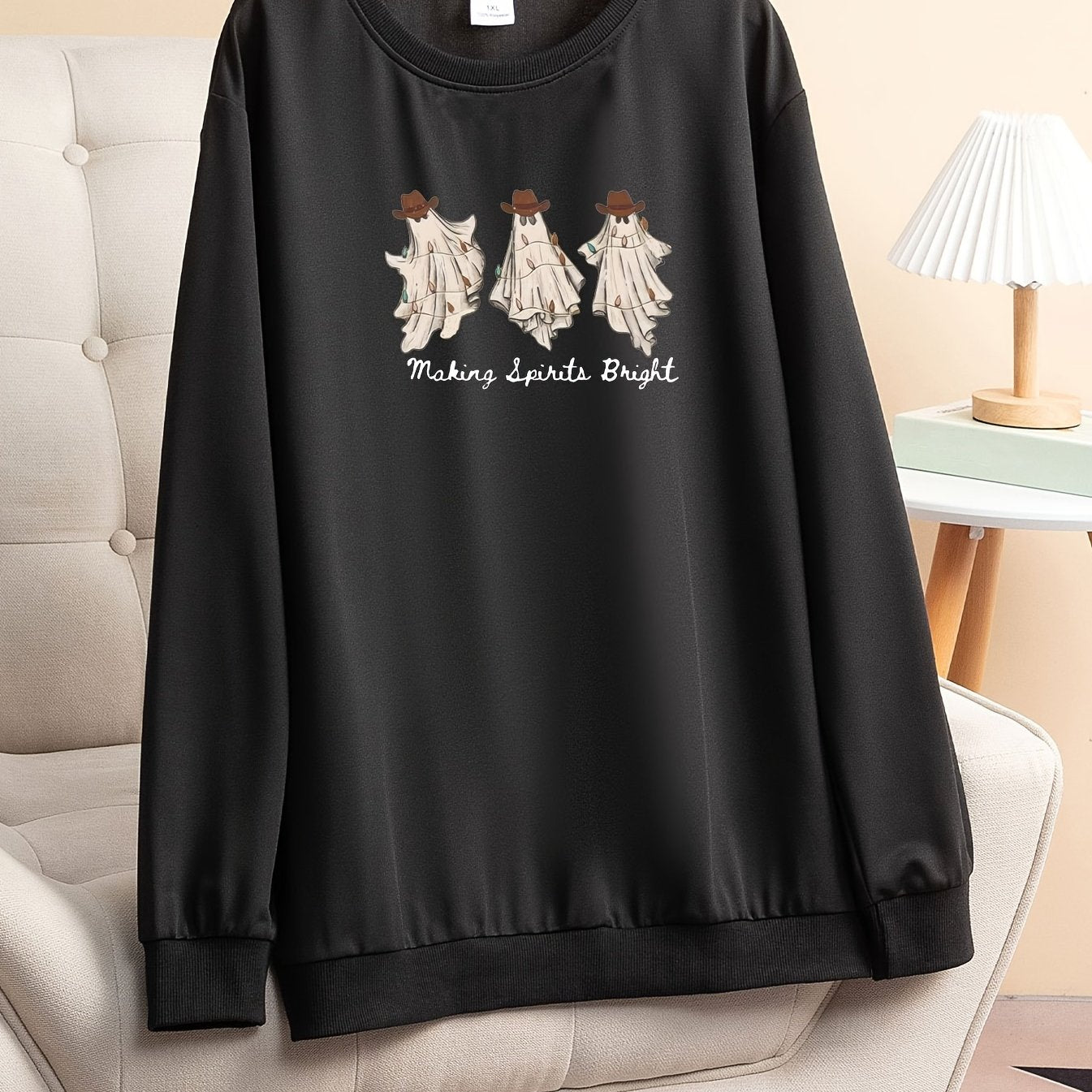  Slogan & Ghost Print Long Sleeve Pajama Top