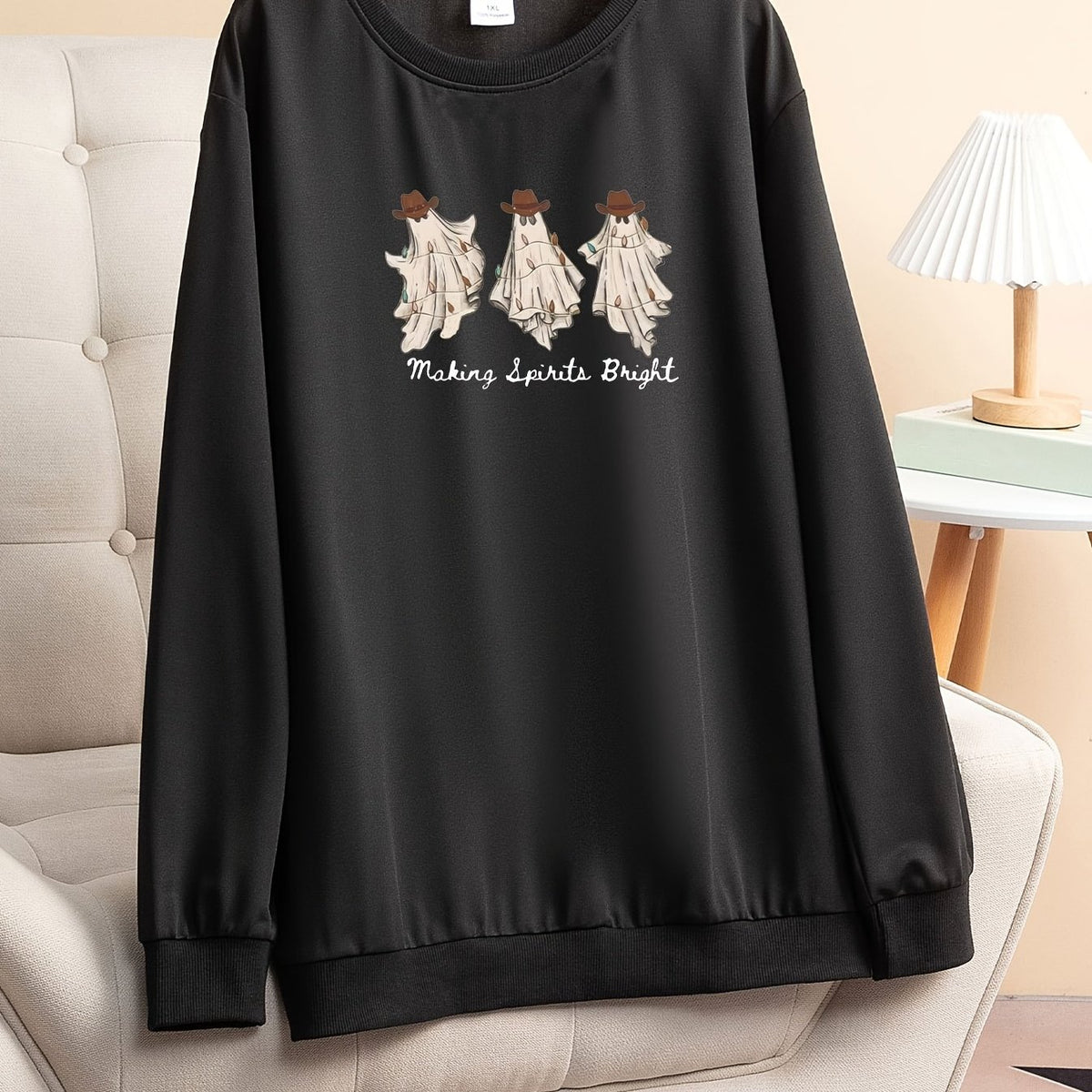  Slogan & Ghost Print Long Sleeve Pajama Top