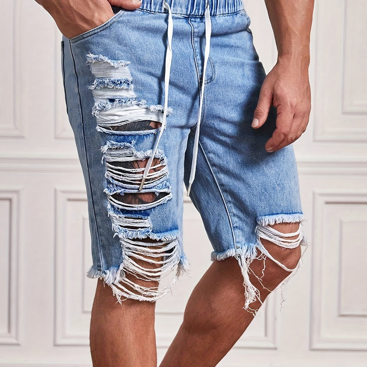 Men's Distressed Drawstring Denim Shorts for Summer