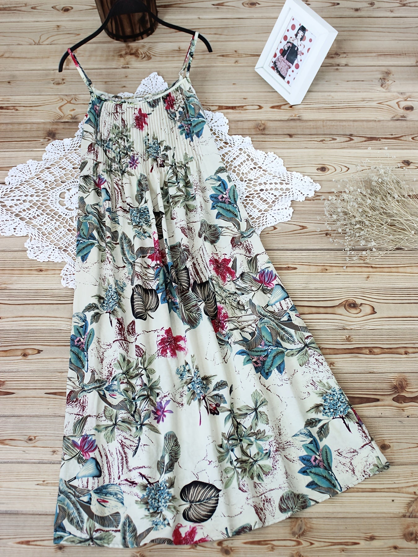  Leaf Print Ruched Cami Dress