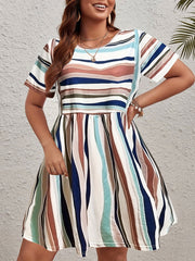  Colorblock Stripe Print Short Sleeve Round Neck Mini Dress