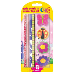 Girls Pencil & Eraser Set Pink Stationery 8 Piece