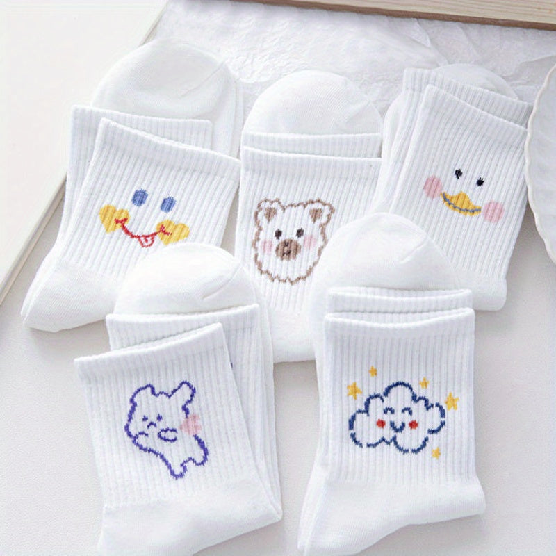 5 Pairs Cute Cartoon Print Socks Soft Mid Tube Women's Stockings