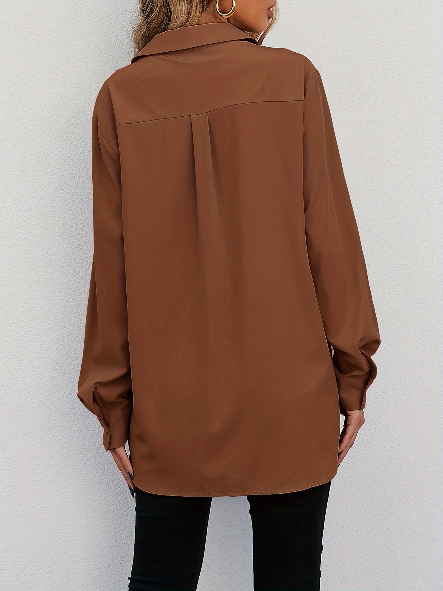  Solid Button Up Long Sleeve Blouse With Pockets