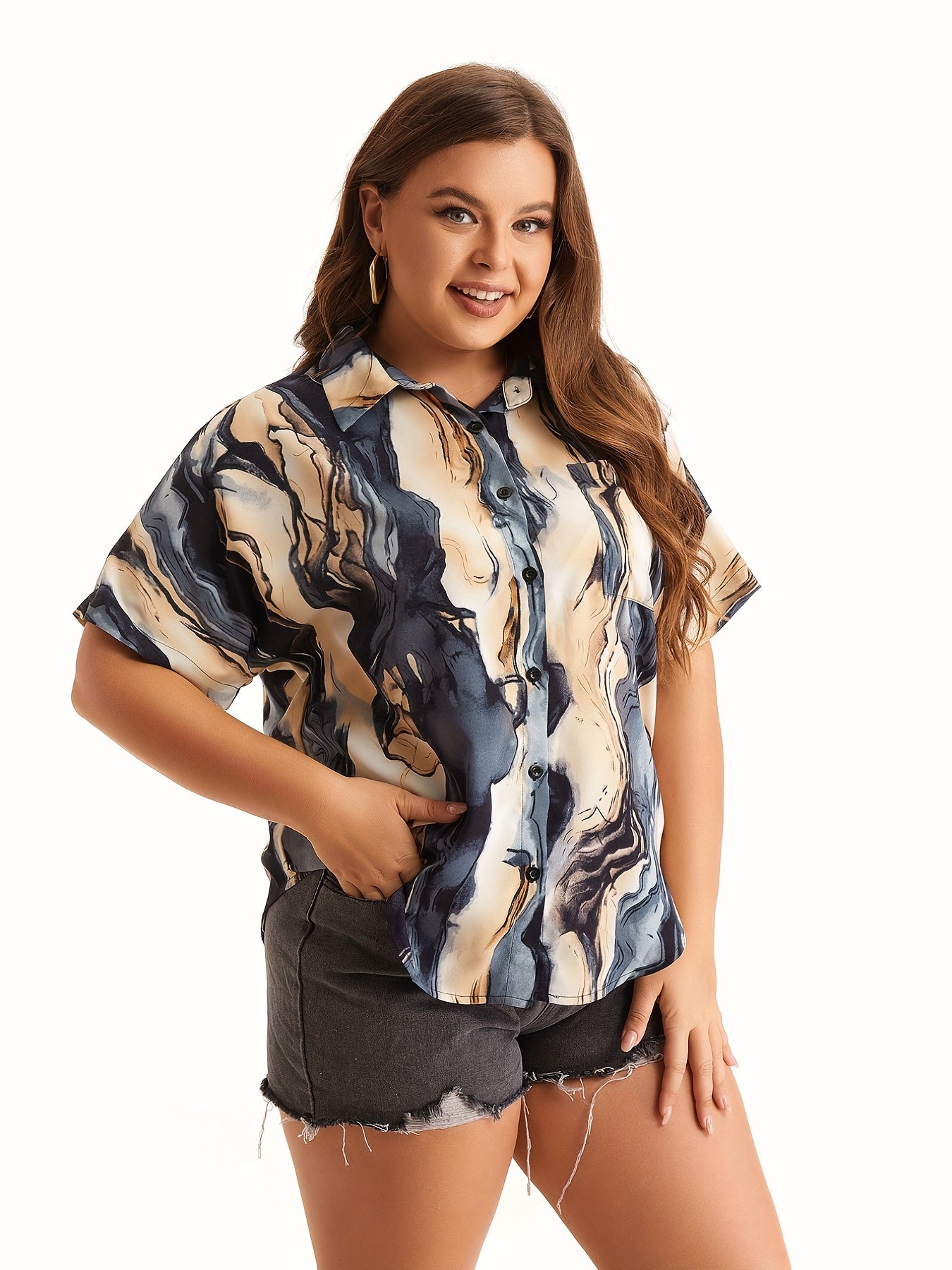  Marble Print Short Sleeve Button Up Shirt