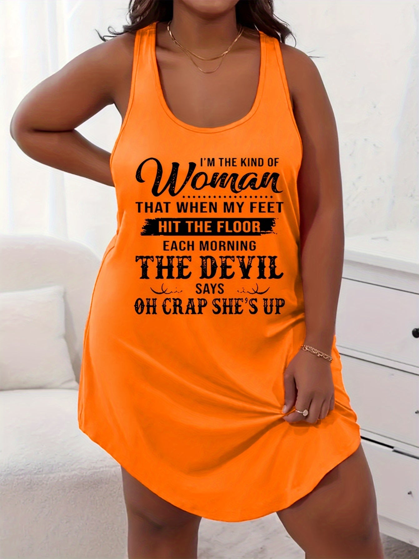  Casual Nightdress Women's Plus Letter Print Racer Back Tank Sleep Dres