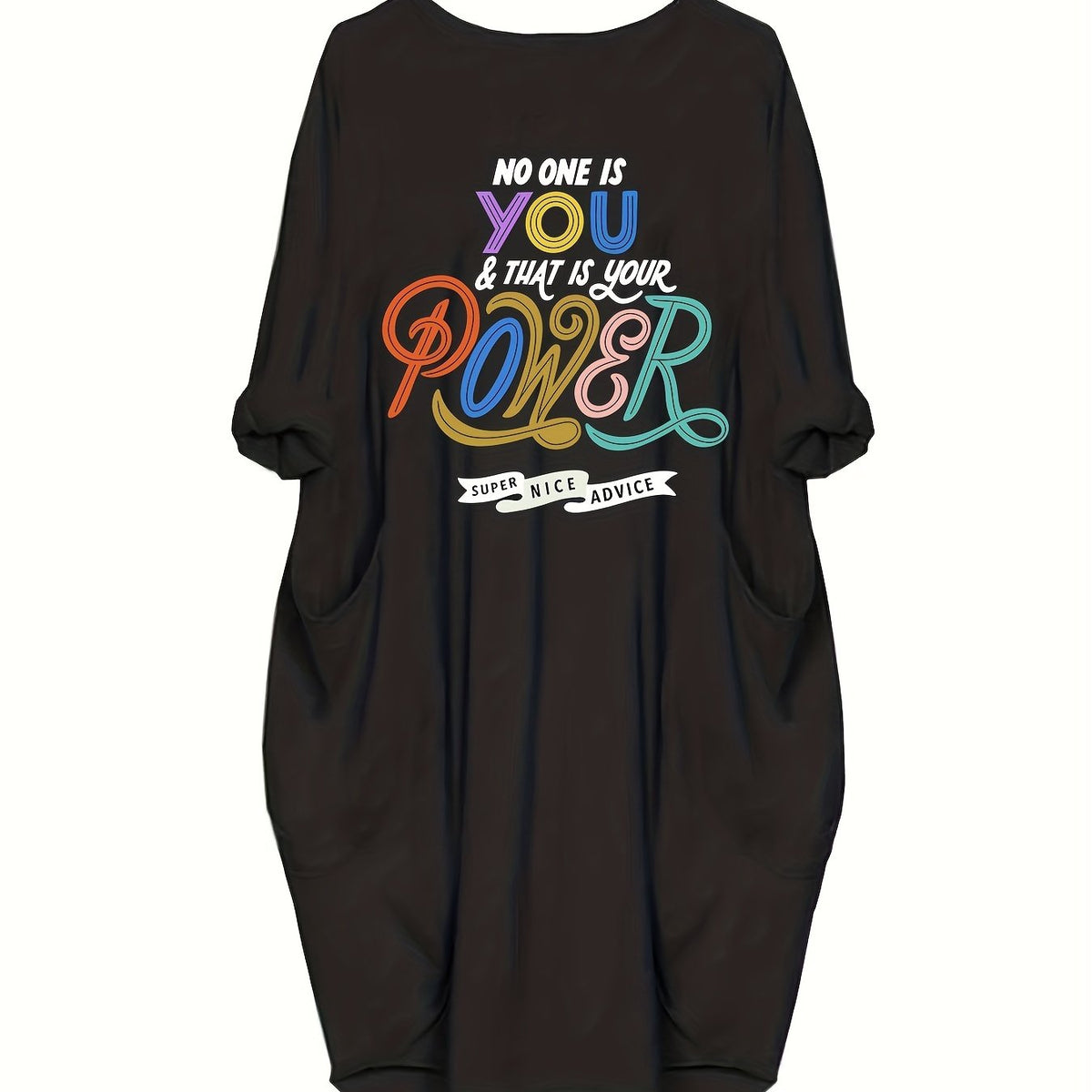  Slogan Print Long Sleeve Loose Fit Dress