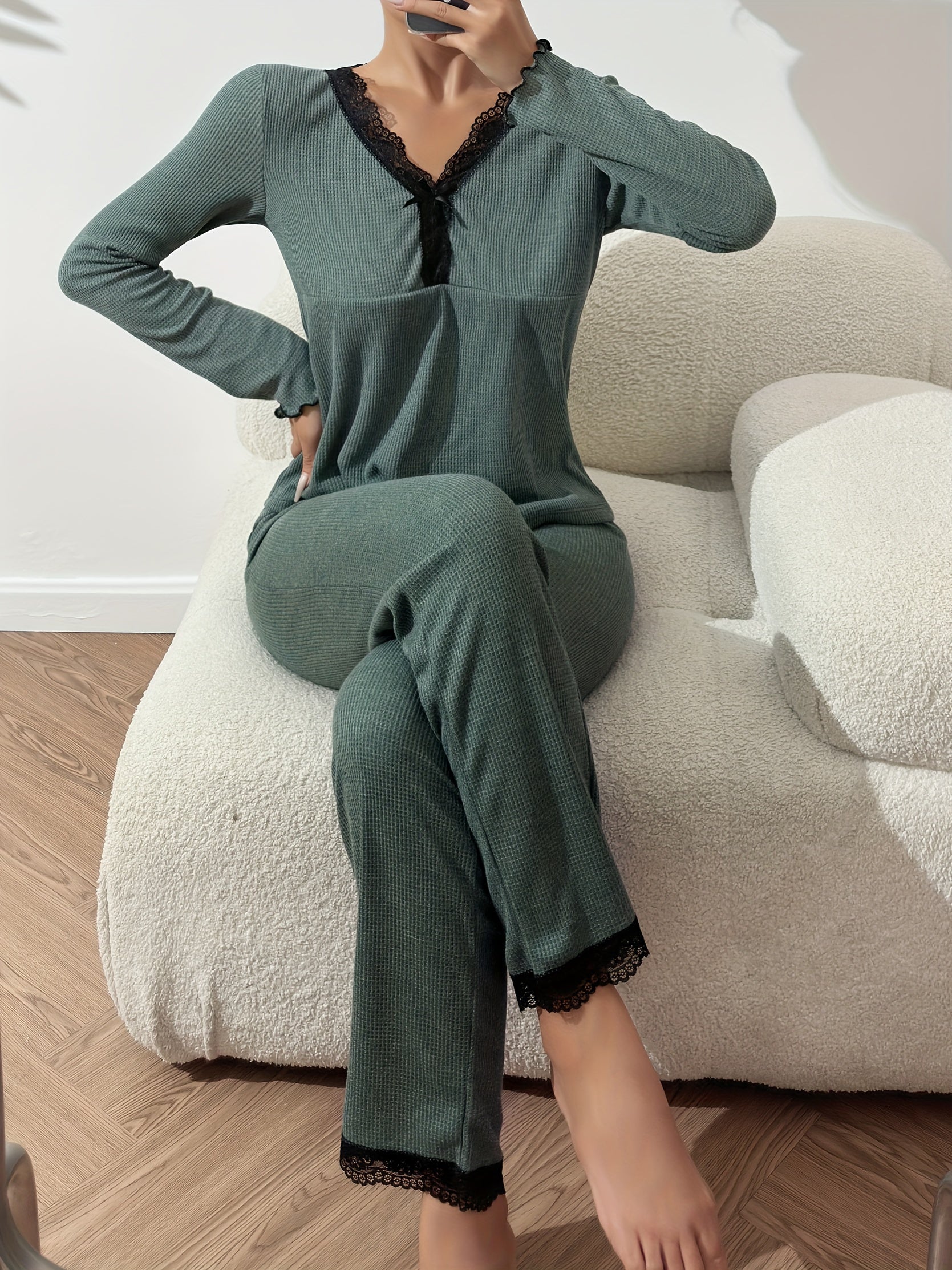 Lace Trim Waffle Pajama Set Long Sleeve V Neck Top & Elastic Waistband Pants