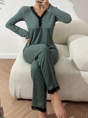 Lace Trim Waffle Pajama Set Long Sleeve V Neck Top & Elastic Waistband Pants