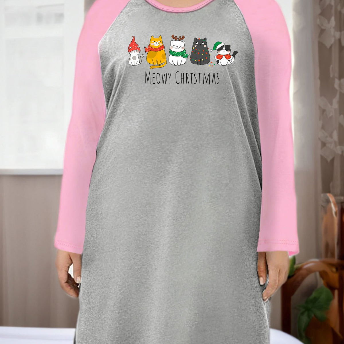  Christmas Nightdress Women's Plus Cat & Slogan Print Tee Sleep Dress