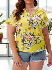  Floral Print Short Sleeve Notched Neck Blouse