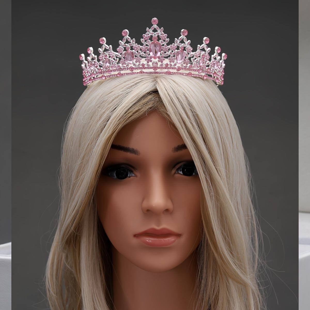 Yabeni Pink Crown Hair Accessory with Rhinestones for Wedding Party
