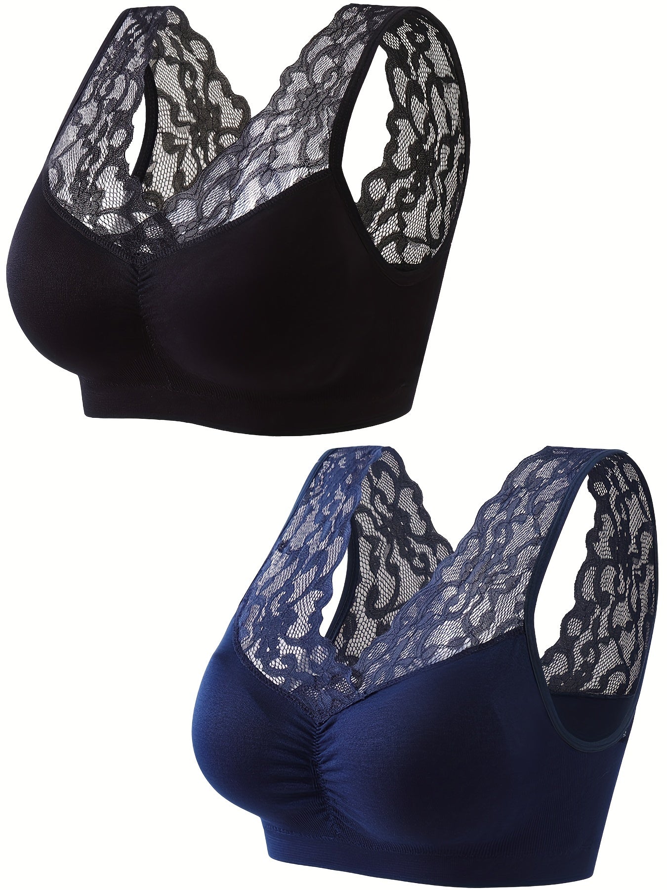 2 Pack Plus Size Sports Bras Set Women's Plus Contrast Lace Wireless Breathable