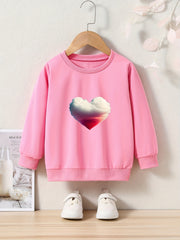 Heart Cloud Print Girls Pullover Sweatshirt Long Sleeve Crew Neck Tops