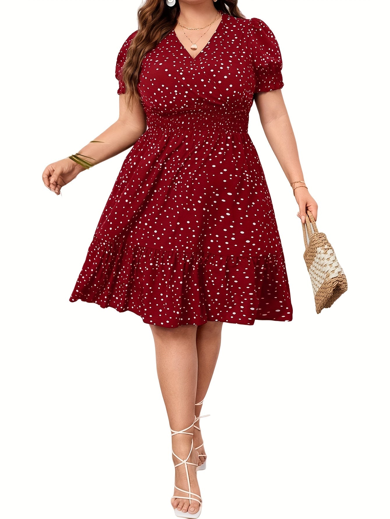  Dot Print Puff Sleeve V Neck Knee Length Dress
