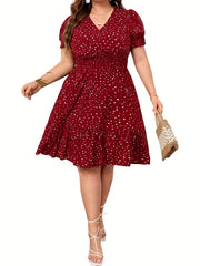  Dot Print Puff Sleeve V Neck Knee Length Dress