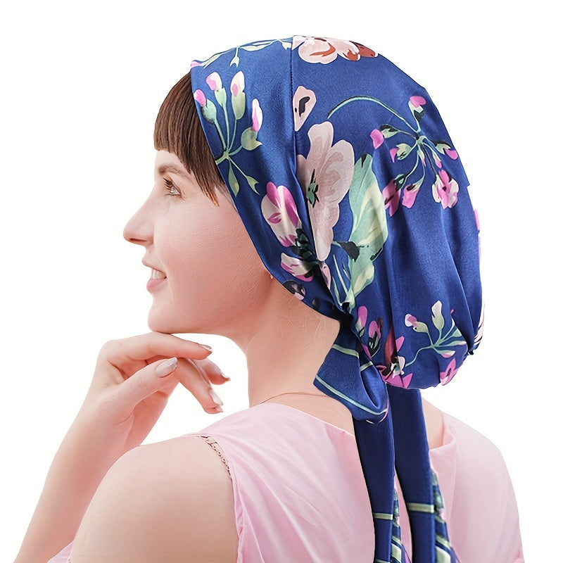 Flower Print Silk Bonnet Lace Up Head Scarf Night Cap Chemo Hat