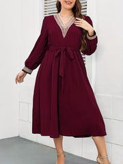 Applique Lantern Sleeve V Neck Belted Maxi Dress Plus Size