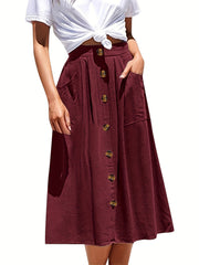  Solid Button Pleated Maxi Skirt With Pockets