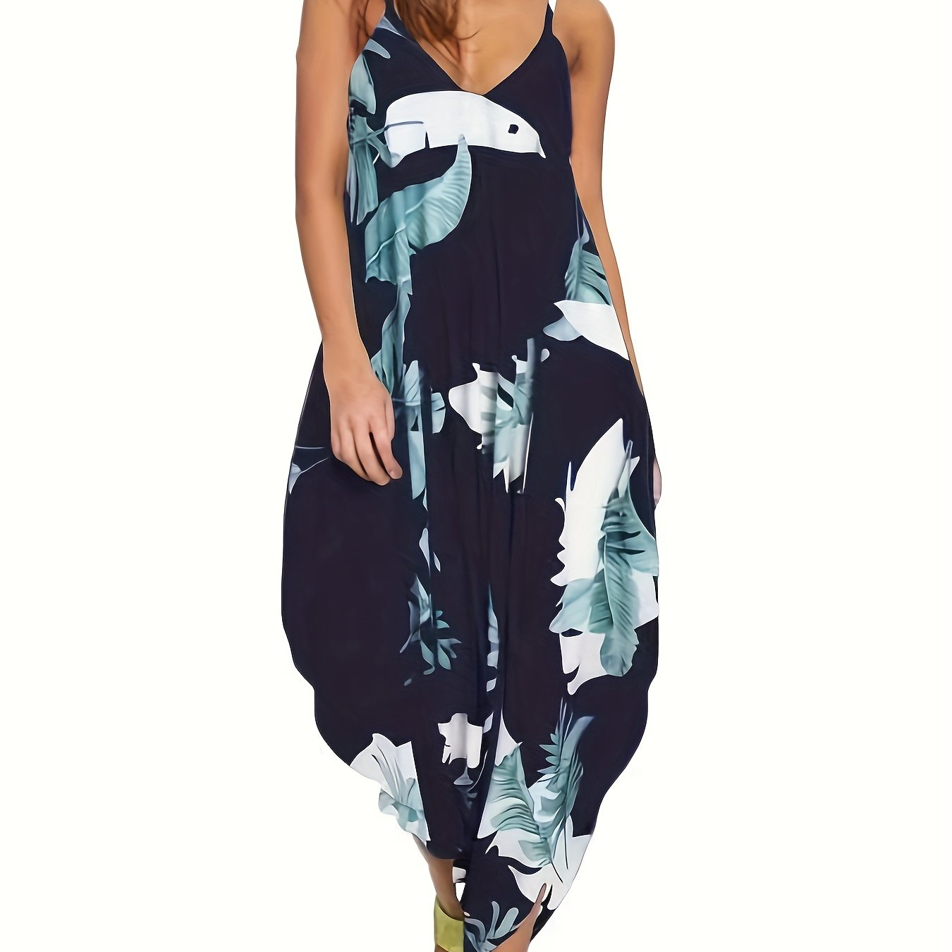 Tropical Print V Neck Cami Jumpsuit