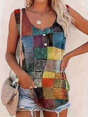 Patchwork Print Button Detail Round Neck Tank Top