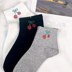 Cherry Rhinestone Crew Socks 5 Pairs Women's Stockings