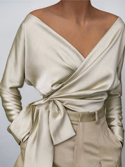  Satin Long Sleeve V Neck Tie Side Crop Wrap Blouse
