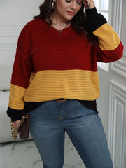  Colorblock Round Neck Sweater Women Long Sleeve Casual Jumper