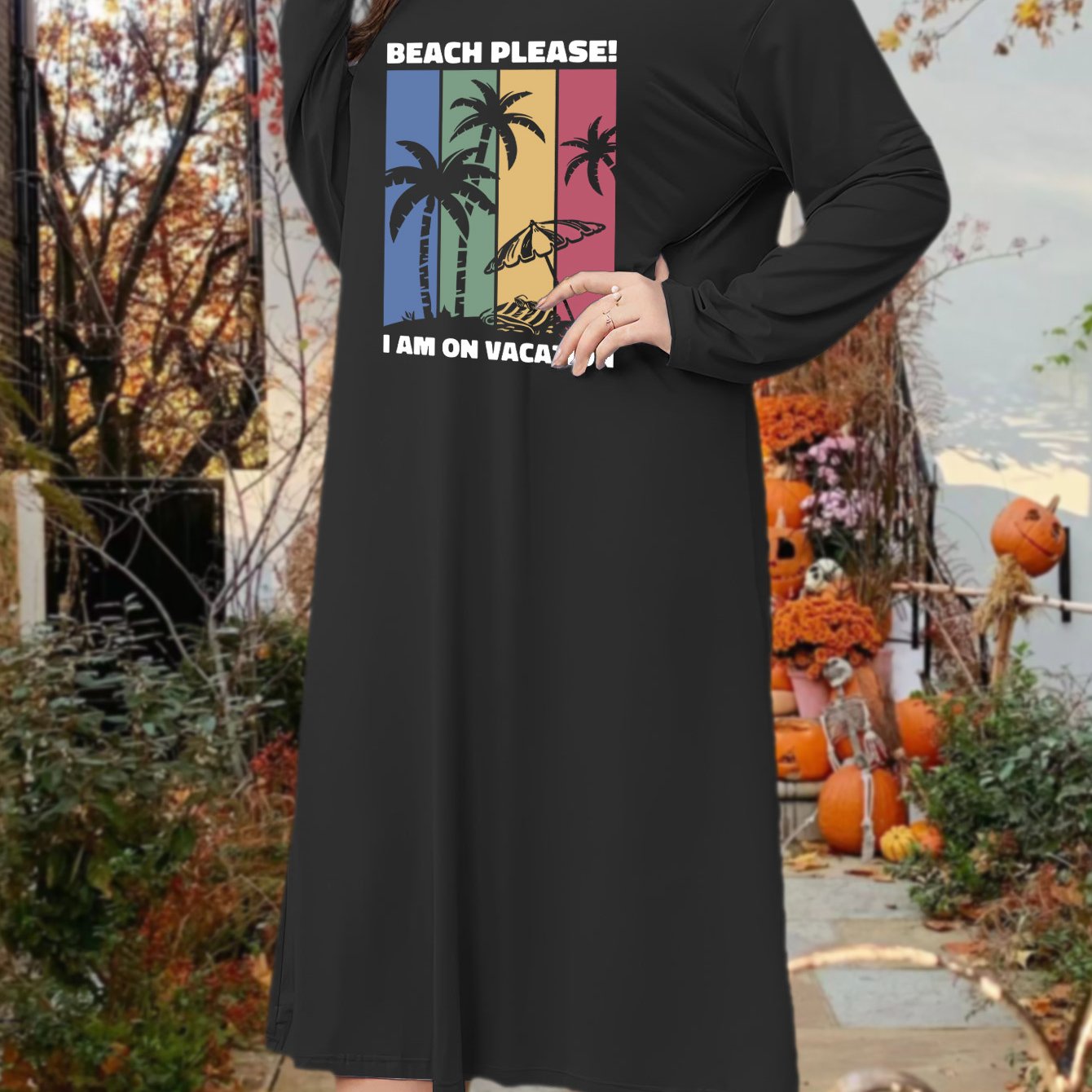  Tropical & Letter Print Long Sleeve Nightdress