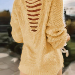  Casual Sweater Women Solid Knit Cut Out Back V Neck Long Sleeve Pullov