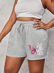  Floral Butterfly Print Drawstring Shorts With Pockets