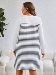  Women's Stripe Print V Neck Long Sleeve Tee Dress