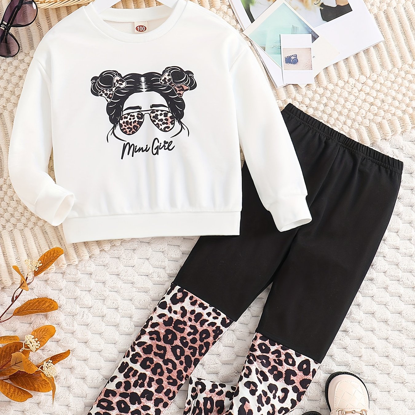 Toddler Girl's MINI GIRL Print Sweatshirt & Leopard Pattern Leggings Set