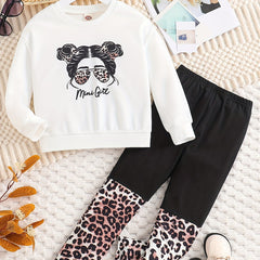 Toddler Girl's MINI GIRL Print Sweatshirt & Leopard Pattern Leggings Set