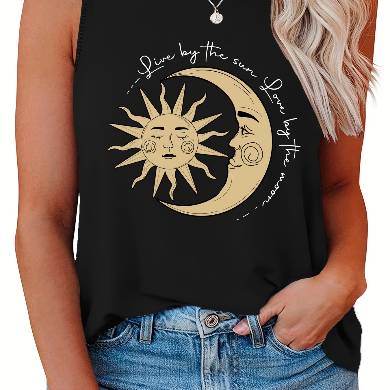  Sun & Moon Print Tank Top Round Neck Casual Slogan Plus Women
