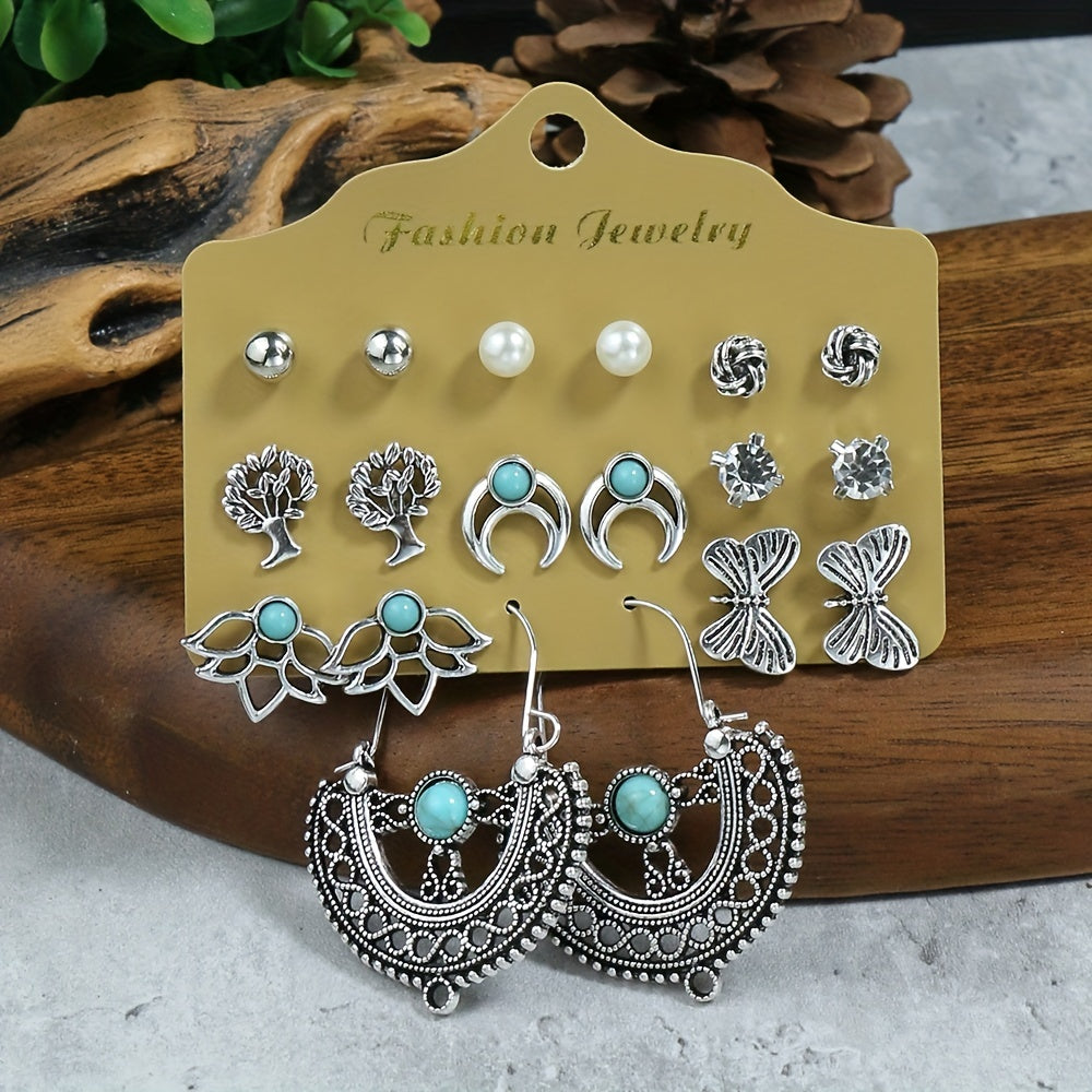 Folklore Silver Geometric Earrings w/ Zicron Turquoise Stud