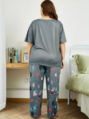  Owl Print Short Sleeve Top & Leaf Pants Pajama Set