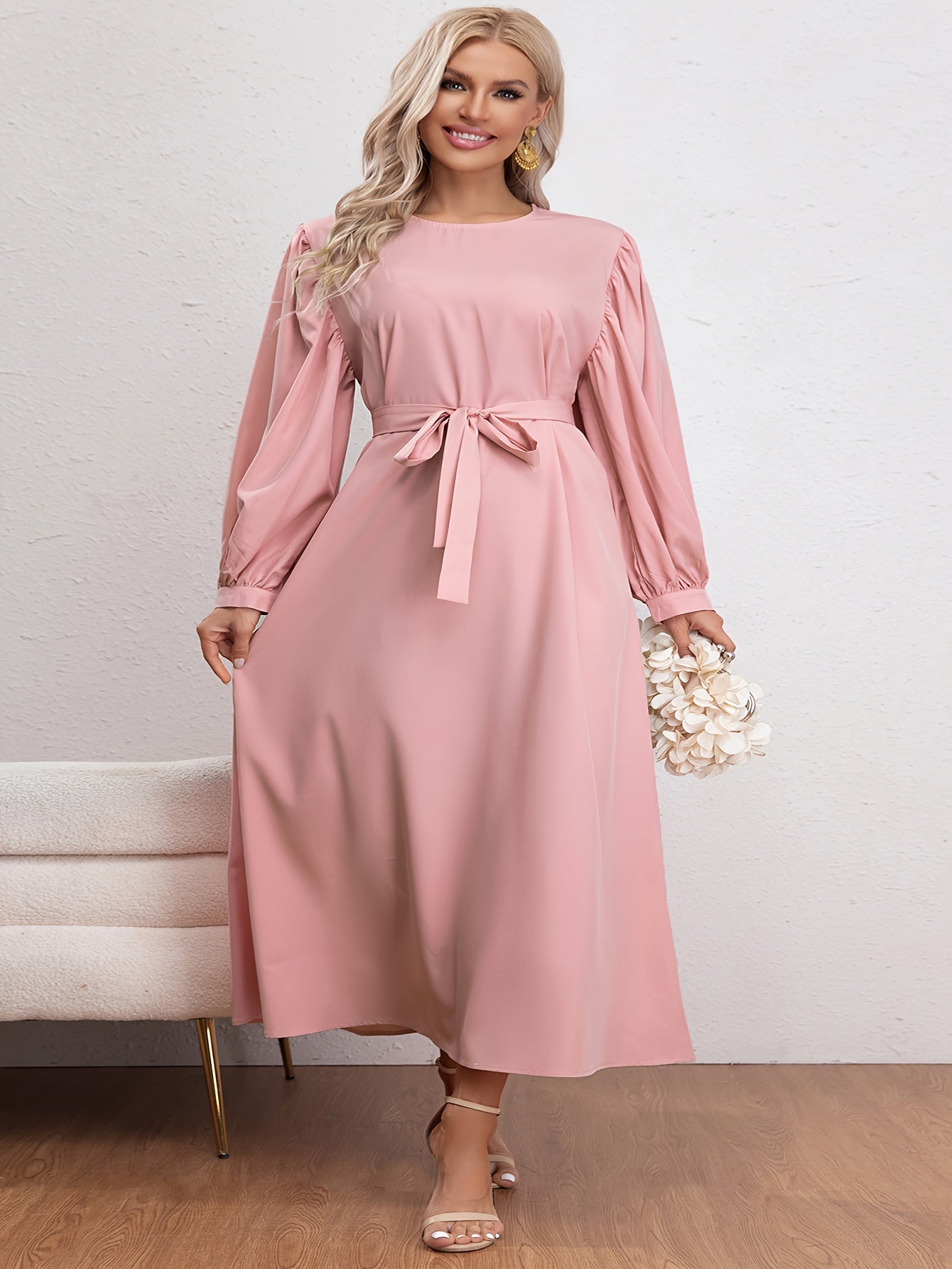 Women's Plus Solid Lantern Sleeve Round Neck Maxi Dress With Belt