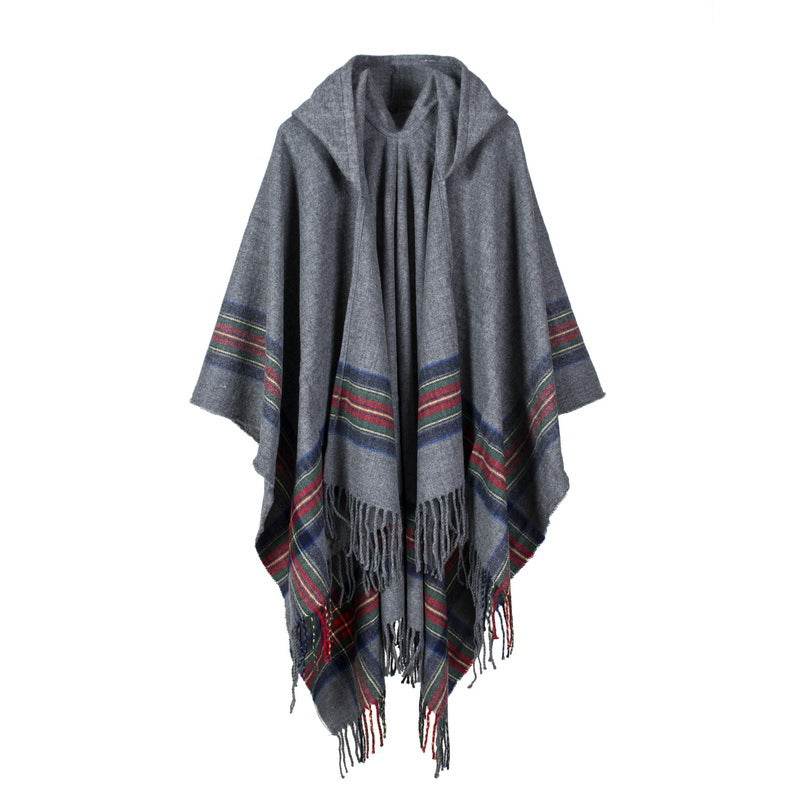 Vintage Jacquard Shawl Hooded Cloak Tassel Cape Womens Wrap Cardigan