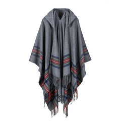 Vintage Jacquard Shawl Hooded Cloak Tassel Cape Womens Wrap Cardigan