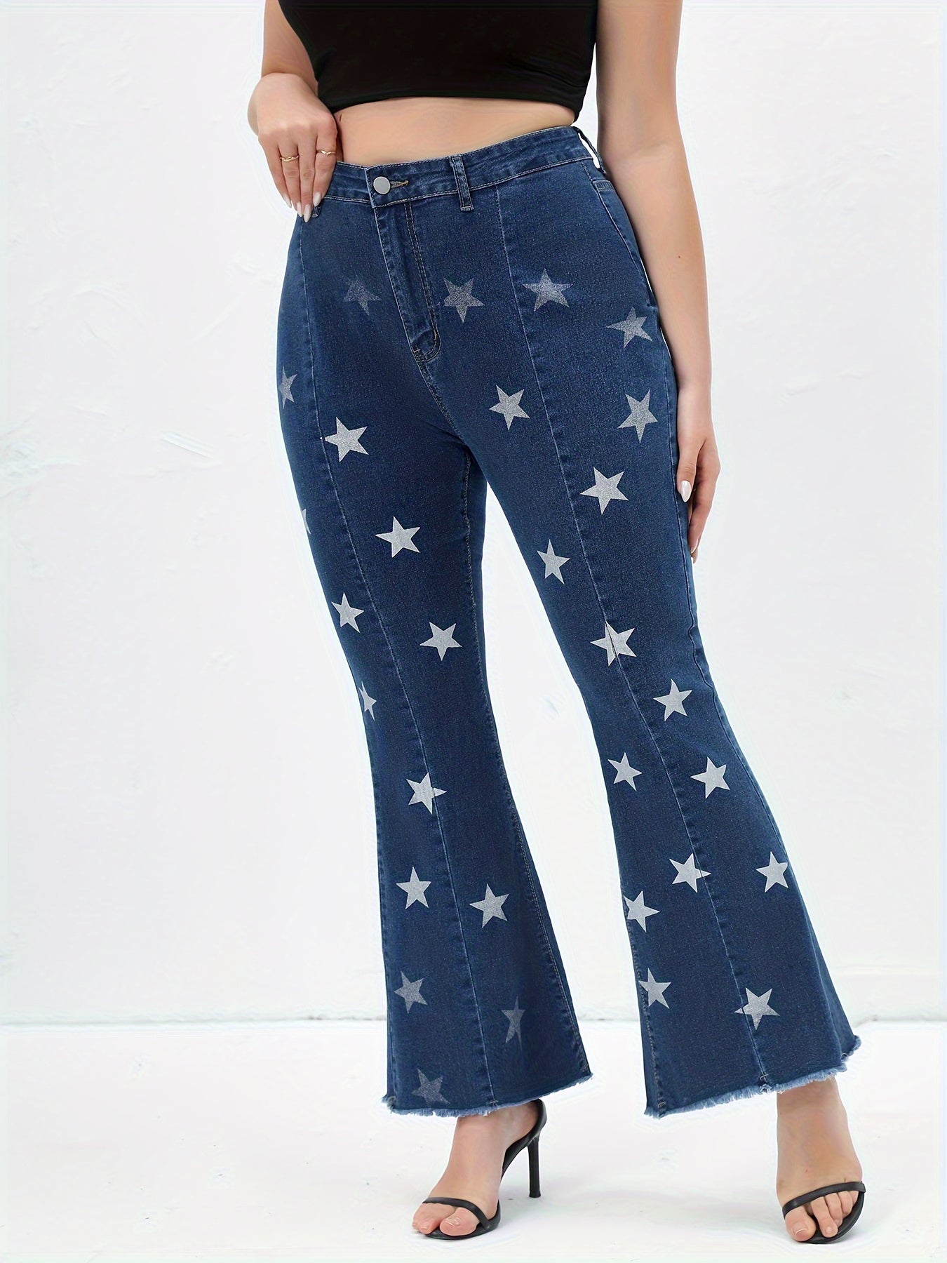  Star Print High Rise Flared Leg Jeans
