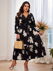 Floral Print Lantern Sleeve Smock Dress With Belt